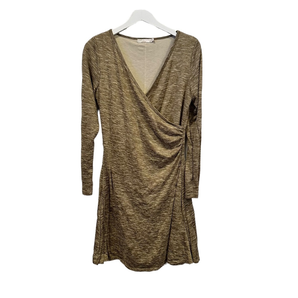 Prana Nadia Women's Medium M Tan Space boho V-Neck Faux Wrap Long Sleeve Dress